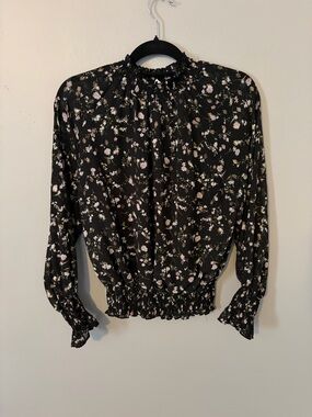 Women's Floral Smocked-Waist Long Sleeve Top - Black